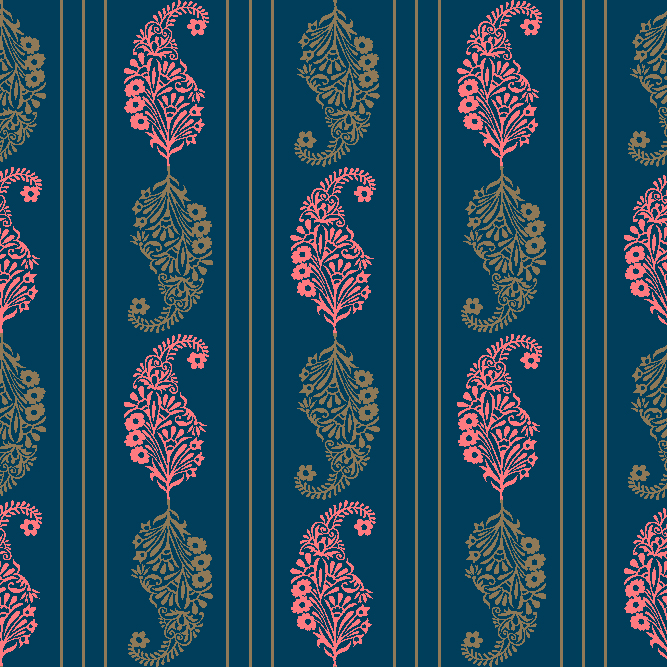 Heritage Paisley Stripes – Seamless paisley print in teal, coral and olive tones, perfect for womenswear, home decor, and digital textile design.