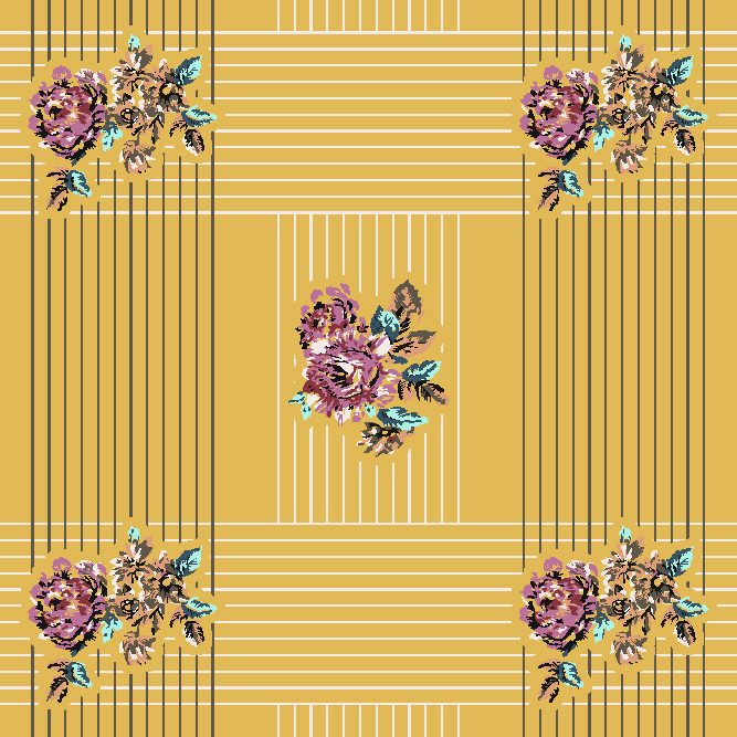 Vintage floral check pattern with hand-drawn mauve roses on a mustard yellow background and ivory grid stripes – ideal for fashion, home décor, and stationery prints.