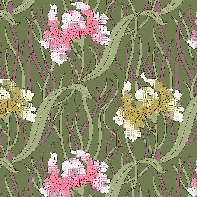 Art-nouveau style seamless botanical pattern with pastel pink and ochre flowers on olive green background — perfect for textiles and decor.