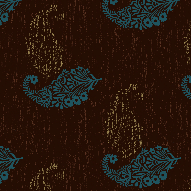 Vintage paisley pattern with floral motifs in teal over textured brown woodgrain background, seamless repeat design.
