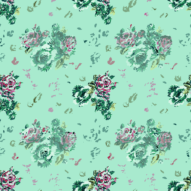 Mint green floral textile pattern with scattered halftone rose clusters and pixel brush effects