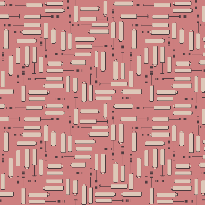 Indo-modern surface print with brush strokes and roller shapes on coral background inspired by kalam patterns