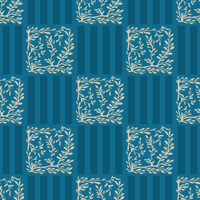 Indigo block print floral square pattern with ivory sprigs on deep blue striped background – seamless repeat textile design