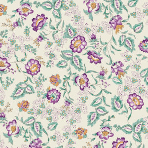 Hand-drawn floral textile pattern with purple, orange, and mint green flowers on ivory background – Mughal Bloom inspired free design.