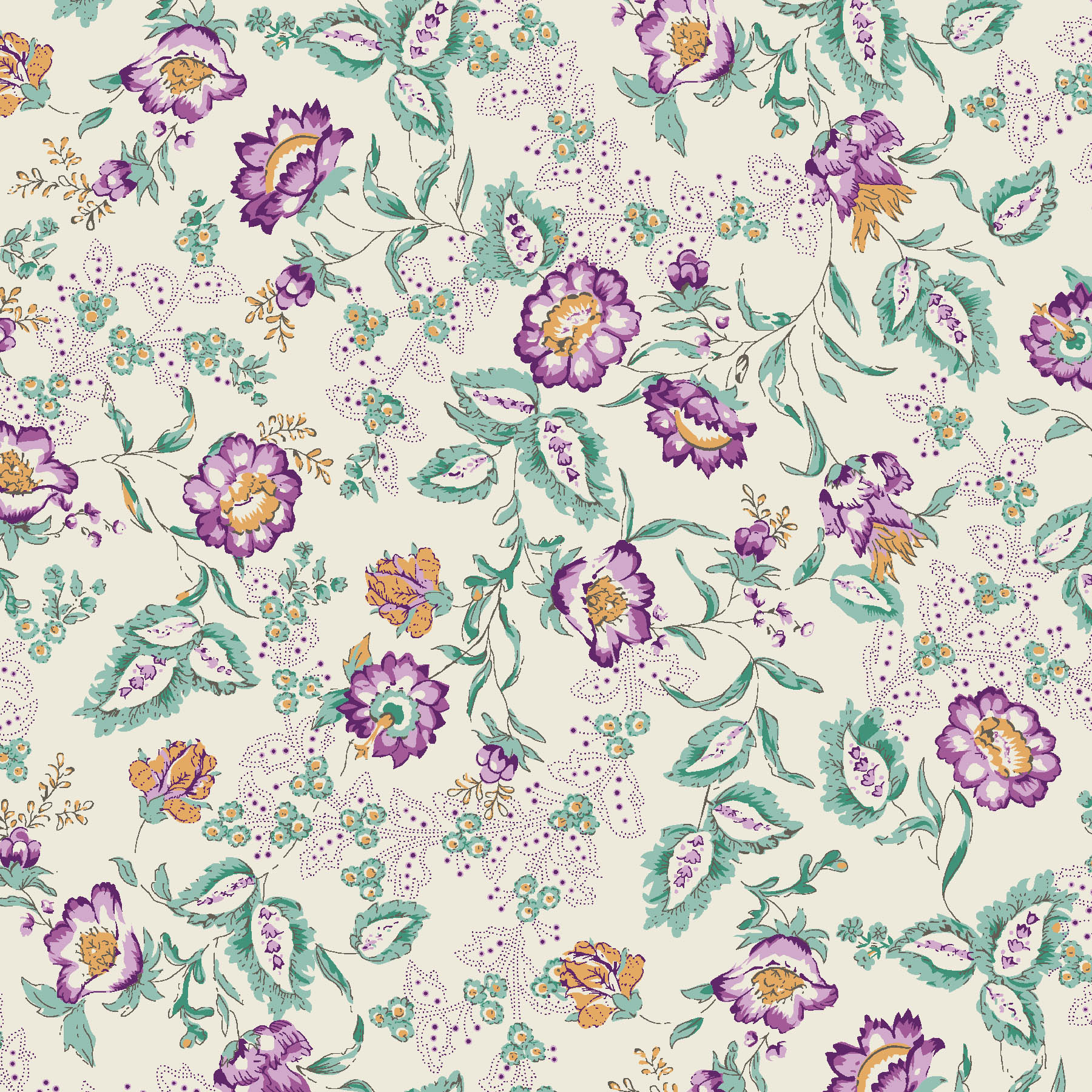 Hand-drawn floral textile pattern with purple, orange, and mint green flowers on ivory background – Mughal Bloom inspired free design.