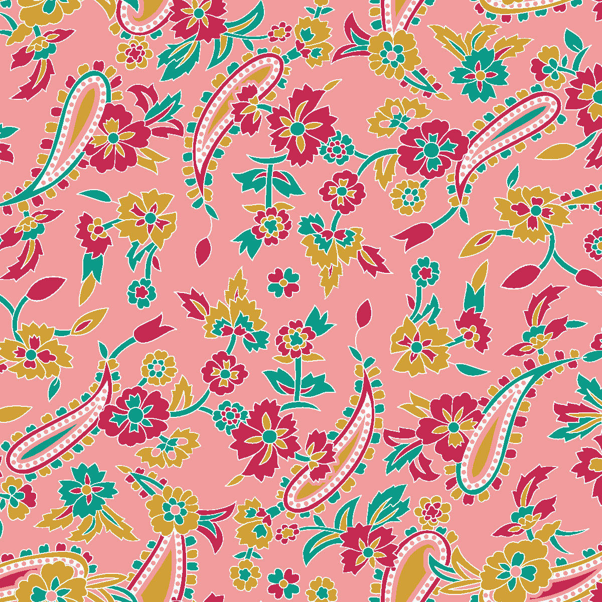 Paisley and floral Indian-inspired pattern with mustard yellow, aqua teal, maroon, and white motifs on a peach-pink background – free downloadable design.