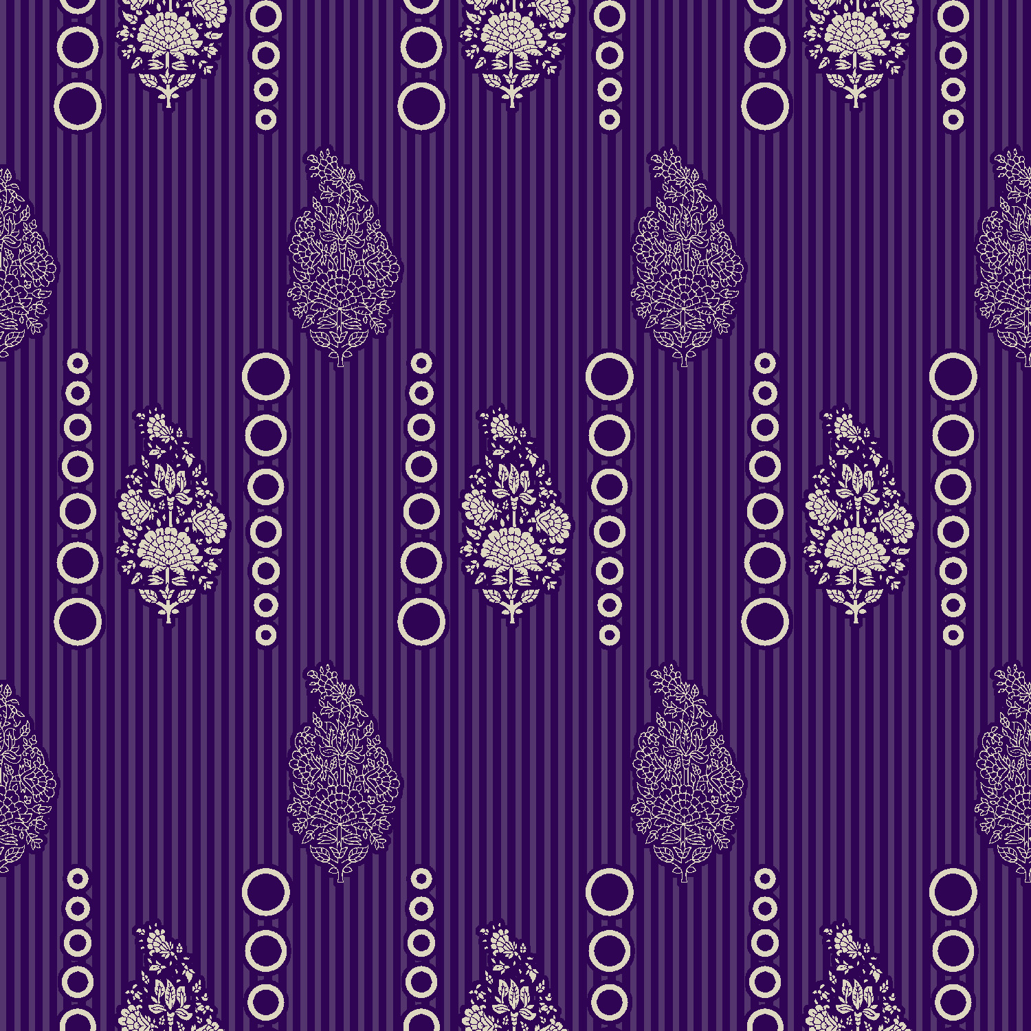 Symmetrical violet-purple fabric print with ivory floral motifs, circular elements, and vertical stripes – modern ethnic digital textile design for free download.