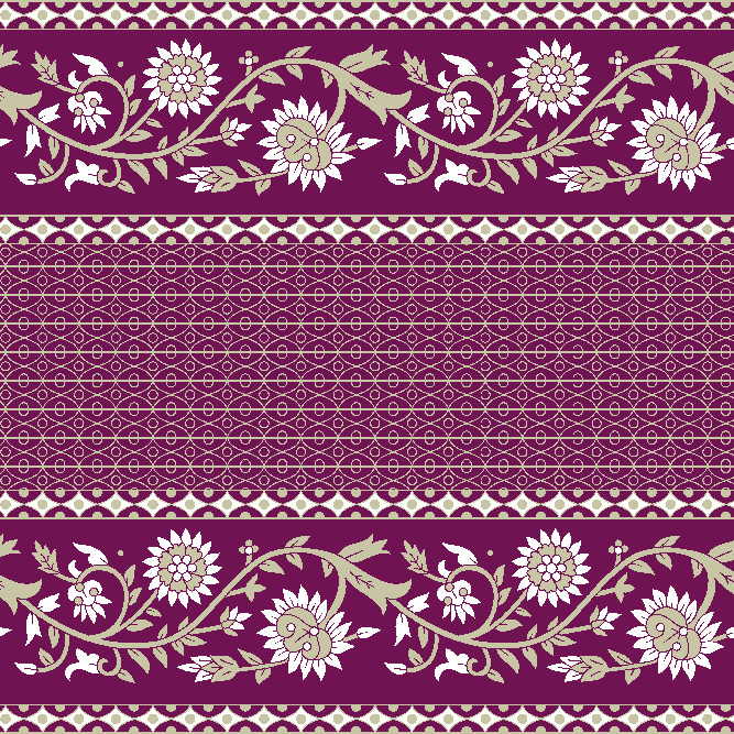 Royal plum-purple textile print with ivory-beige floral vine border and geometric cream center – perfect for ethnic sarees, dupattas, or contemporary drapes.