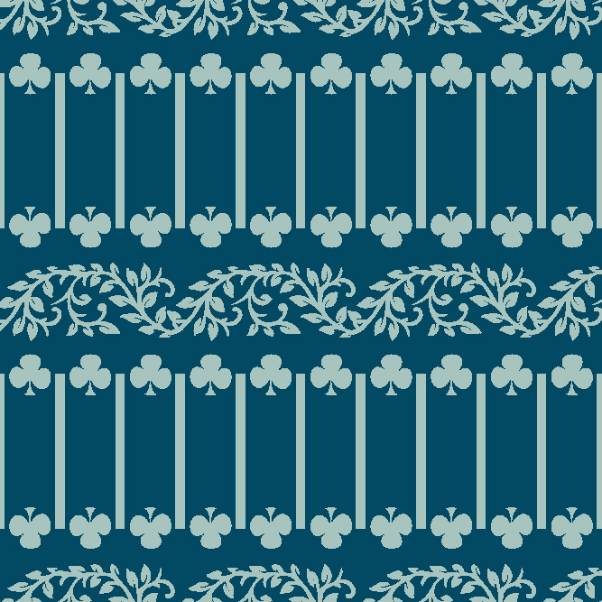 Digital fabric pattern with soft silver motifs and crest lines on a deep teal blue background – fusion of Indian classic and modern geometric design.