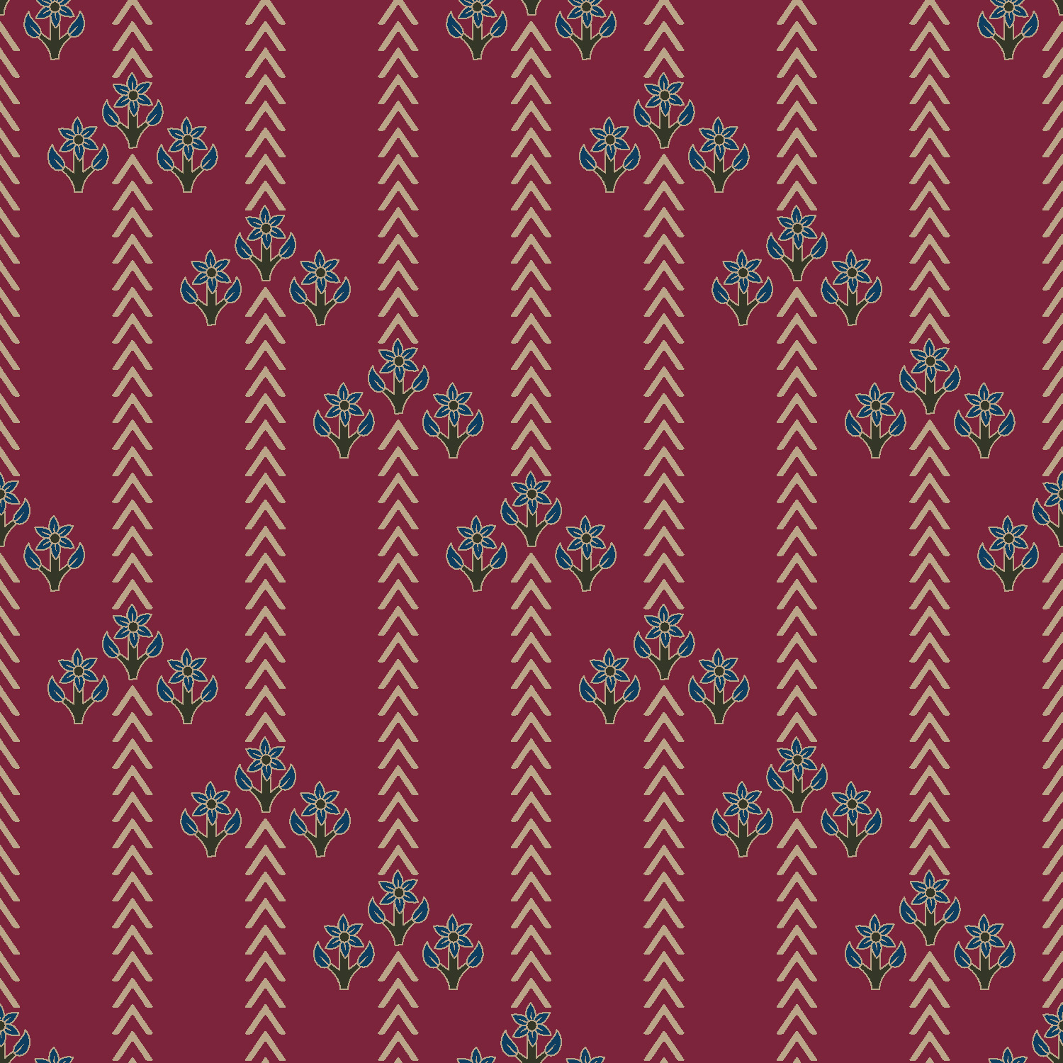 Crimson red textile design with nude beige chevron stripes and blue floral motifs – bold ethnic fusion pattern for free download.