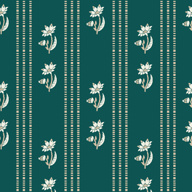Minimalist lotus floral design with vertical lines on deep teal background – Indian and global fabric pattern, free to download.