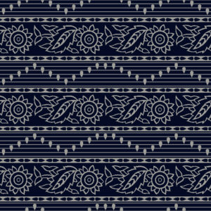 Tribal Bloom Stripes – Seamless line pattern featuring sunflower and leaf motifs in horizontal alignment, with a neutral monochrome palette on dark background.
