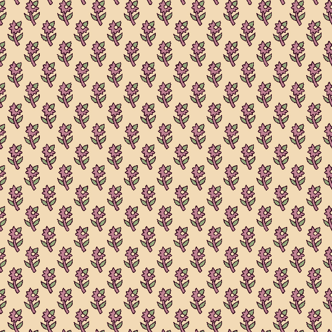 Petite Bloom Buti – Seamless beige background pattern featuring repeating pink flowers with green leaves in a classic diagonal buti style.