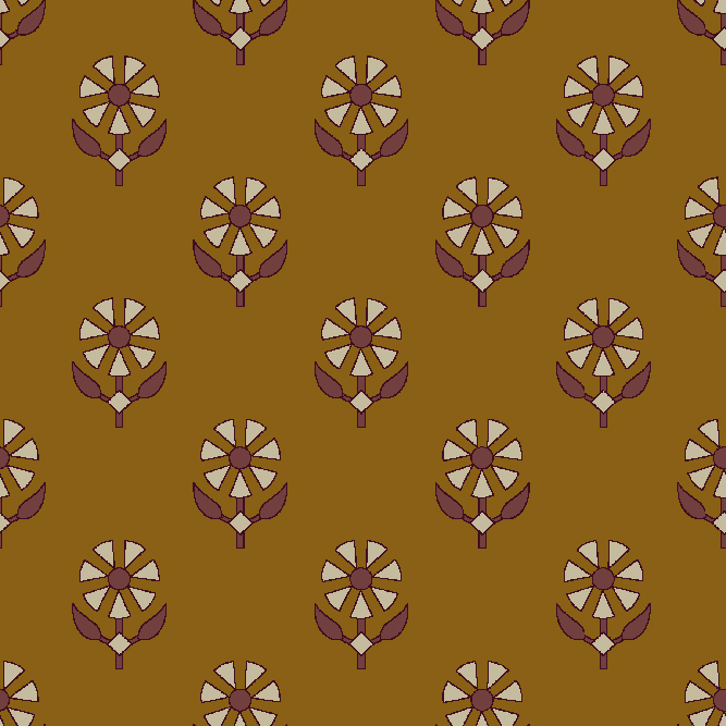 "Gulchakra Mustard Bloom – Geometric floral motif in earthy tones on mustard yellow background, repeating folk art pattern."