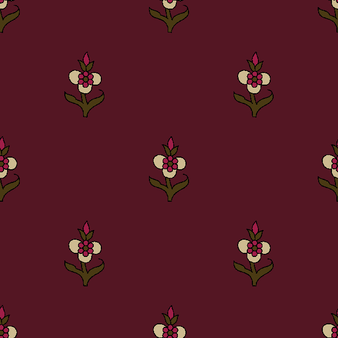 "Gulbadan Buti – Small floral buti motifs in cream and magenta over maroon background, traditional Indian textile pattern."
