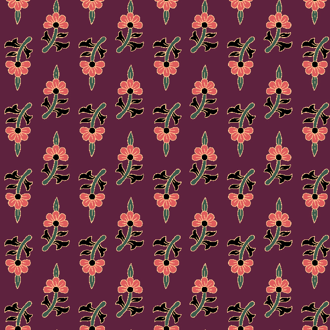 "Phooldaani Charm – Coral flower motifs with decorative leaves over a deep maroon background, traditional Indian textile design."