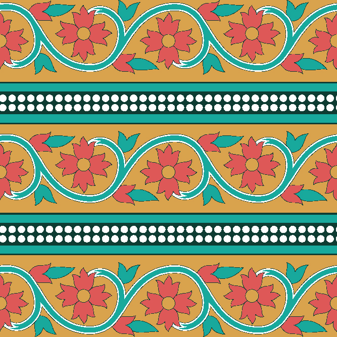 Indian floral vine pattern with red flowers, teal leaves, mustard background and dotted geometric bands.