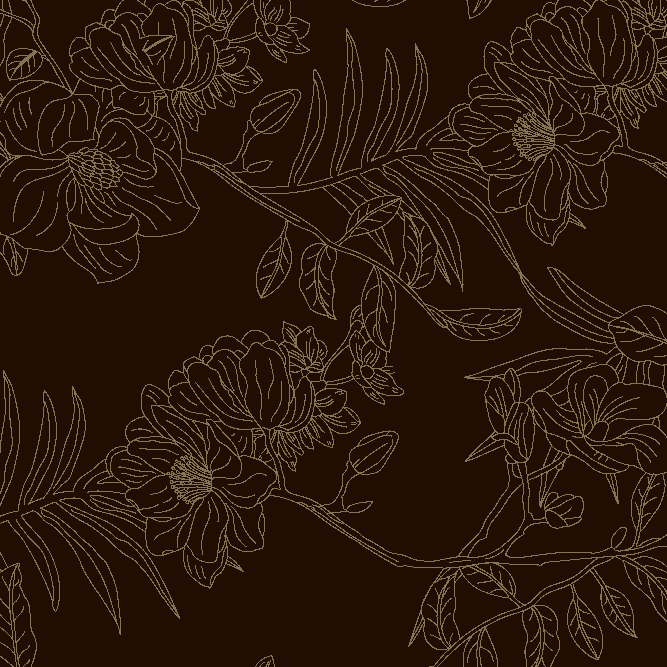 Gold line art floral pattern on dark brown background, elegant botanical illustration for fabric design.