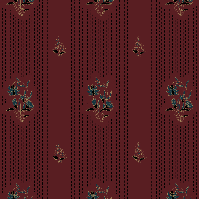 Maroon background with vertical dotted lines and floral bouquet motifs in teal and gold, traditional Indian textile pattern.
