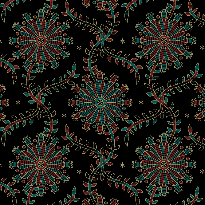 Radial floral motifs with spiral vines in red, teal, and gold on a black background, Indian folk-inspired fabric design