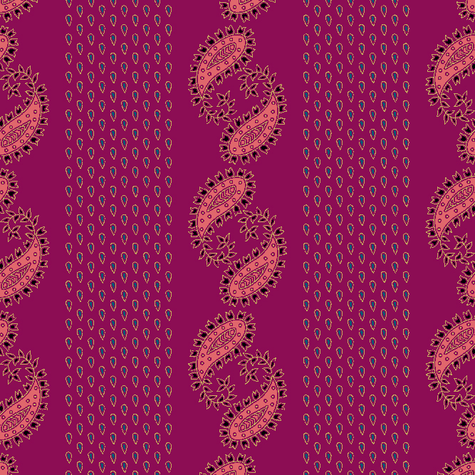 Indian paisley motifs in coral and mustard on a magenta background with vertical alignment, festive ethnic pattern.