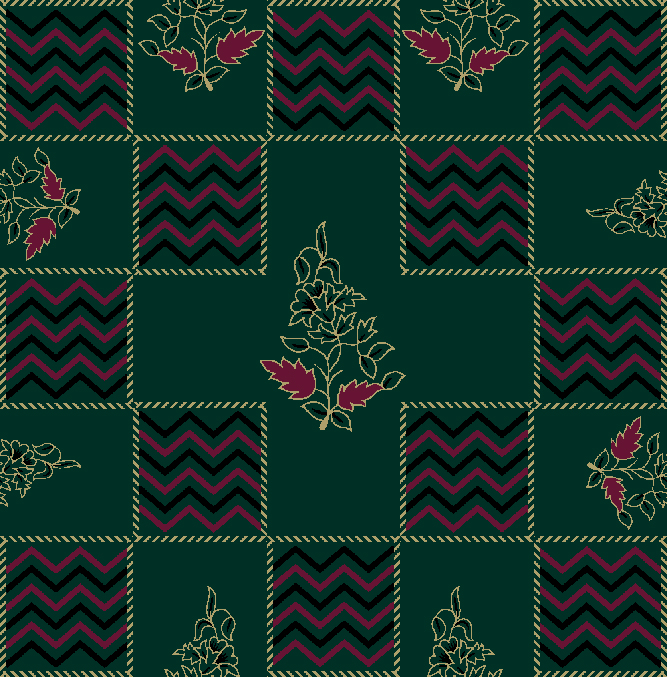 Green base design with alternating chevron blocks and floral motifs in maroon and gold, Indian geometric floral pattern.