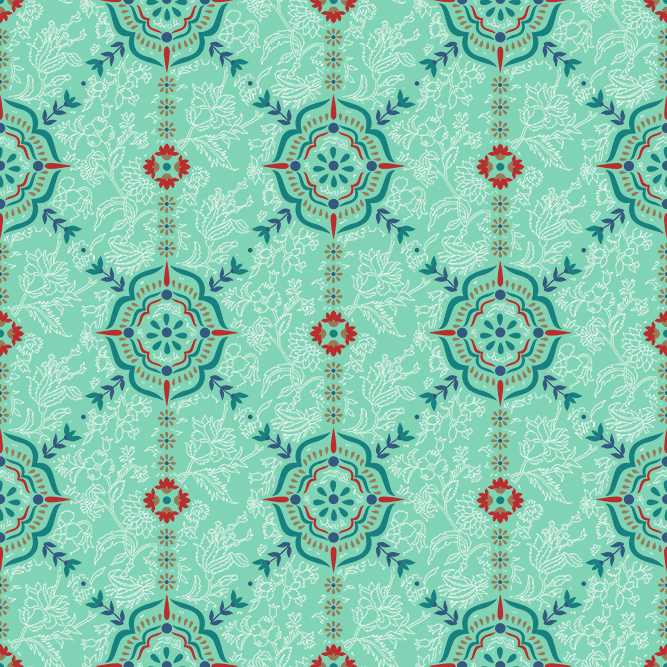 Ethnic jaal floral geometric print on turquoise background with traditional Indian design motifs.