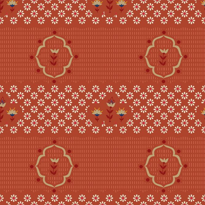 Traditional Indian booti floral textile print in earthy red background with ethnic pattern.