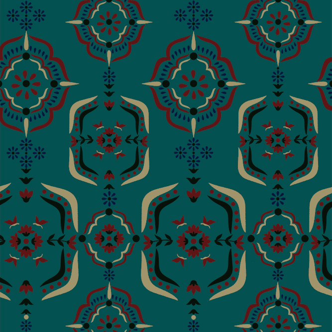 Teal geometric ethnic print with bold motifs for fashion and textile design – DESIGNSHATTER