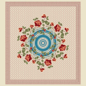 Floral mandala print with red roses and ethnic border pattern in traditional Indian style.