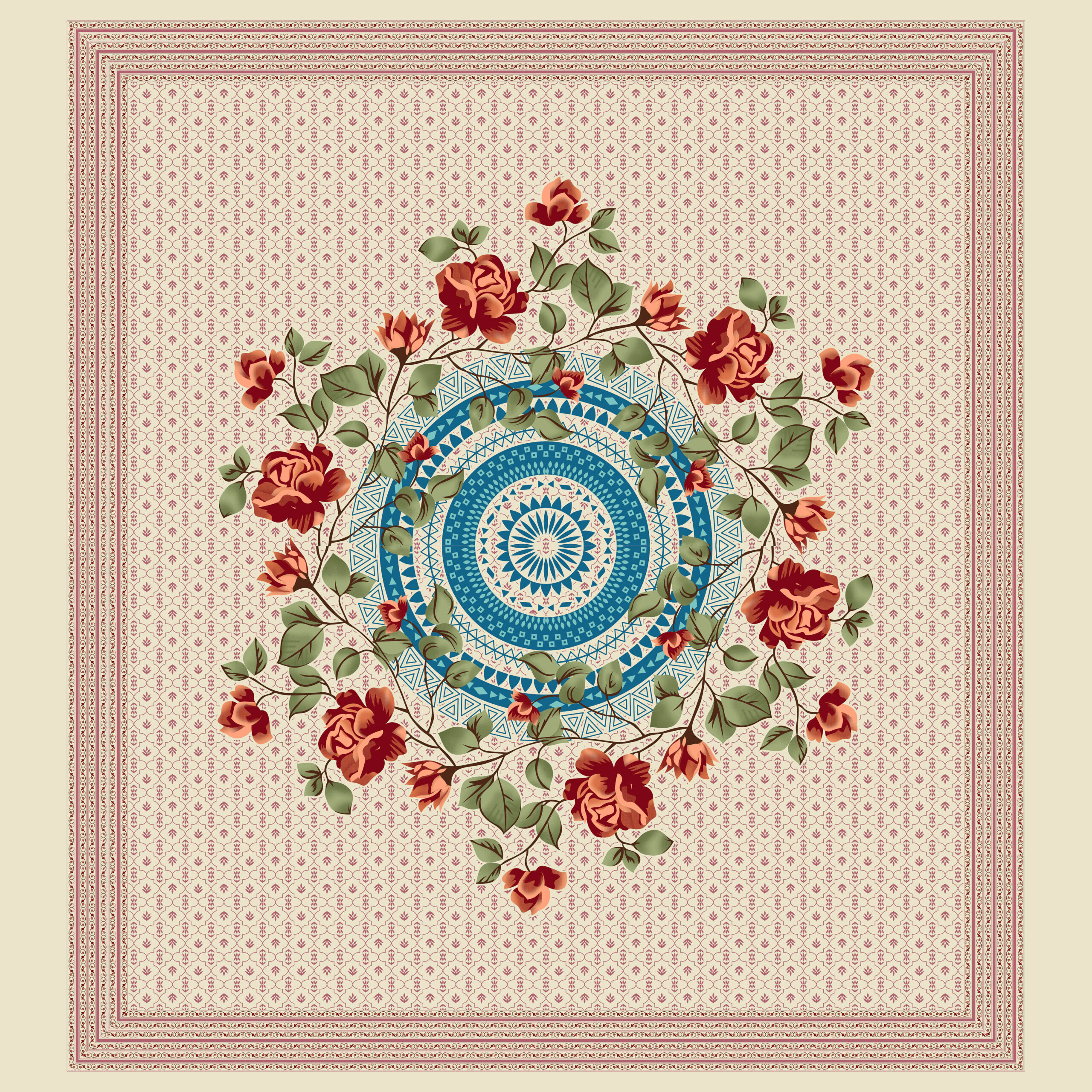 Floral mandala print with red roses and ethnic border pattern in traditional Indian style.