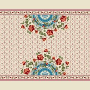 Floral mandala print with red roses and ethnic border pattern in traditional Indian style.