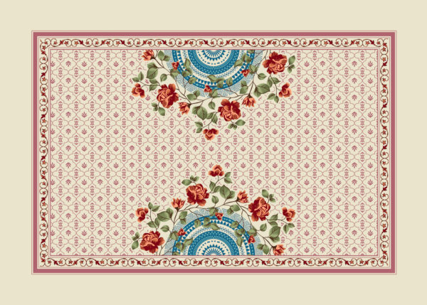 Floral mandala print with red roses and ethnic border pattern in traditional Indian style.