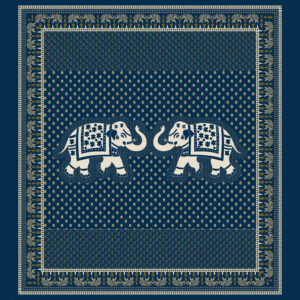 Traditional elephant motif with floral detailing and geometric border in navy blue and beige ethnic style.
