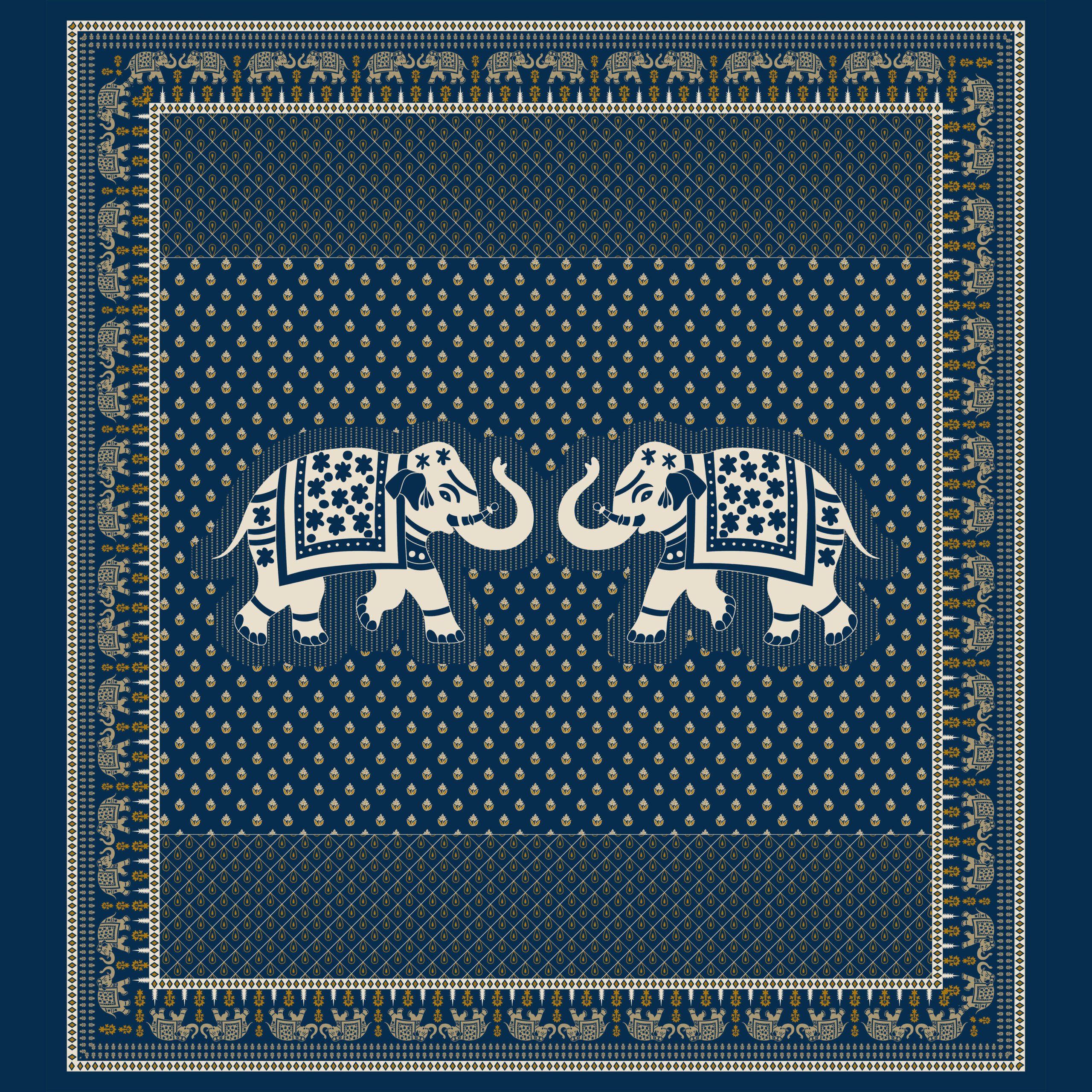 Traditional elephant motif with floral detailing and geometric border in navy blue and beige ethnic style.