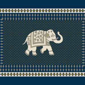Traditional elephant motif with floral detailing and geometric border in navy blue and beige ethnic style.