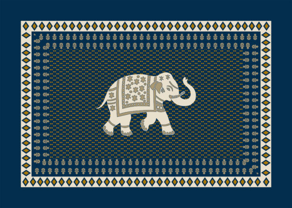 Traditional elephant motif with floral detailing and geometric border in navy blue and beige ethnic style.