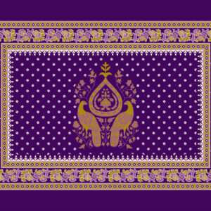 Purple textile design with twin golden birds motif, floral ethnic border, and intricate dotted backdrop.