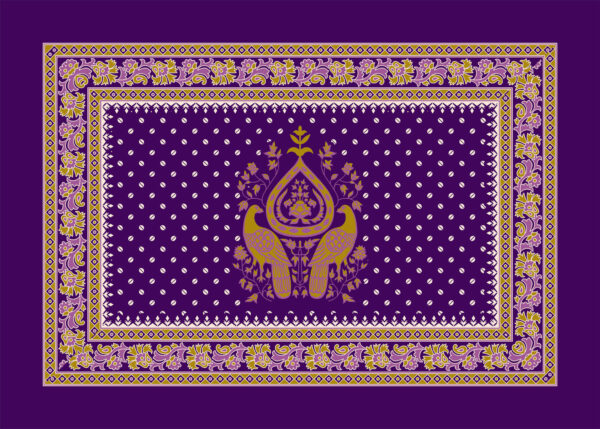 Purple textile design with twin golden birds motif, floral ethnic border, and intricate dotted backdrop.