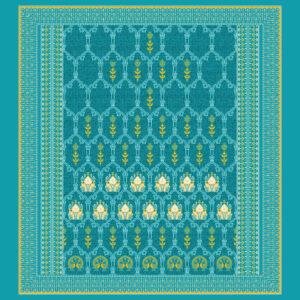 Turquoise textile design with yellow ethnic motifs, floral white-yellow border, and traditional festive pattern.