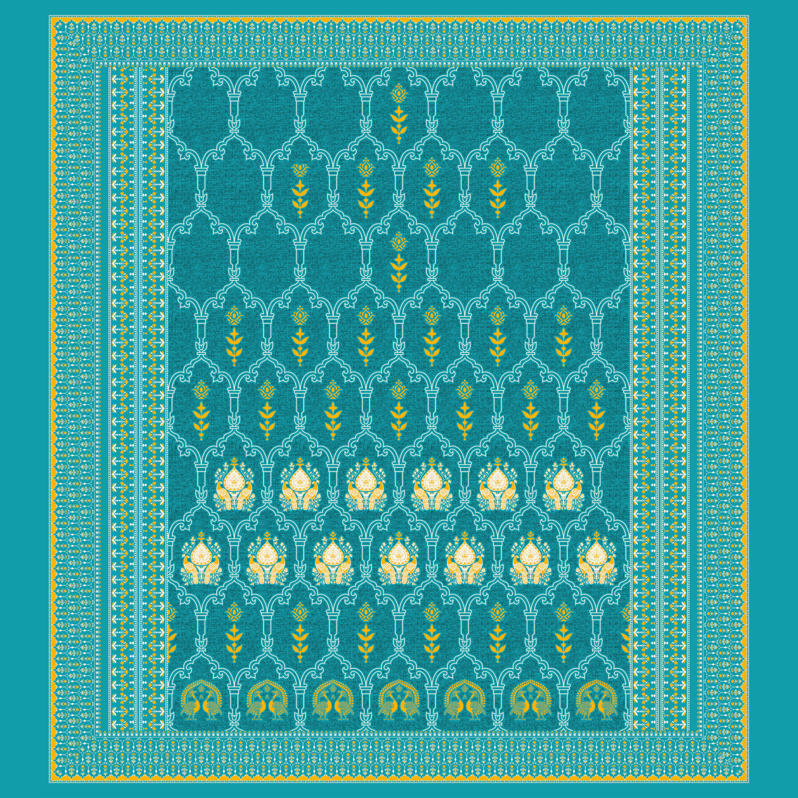 Turquoise textile design with yellow ethnic motifs, floral white-yellow border, and traditional festive pattern.
