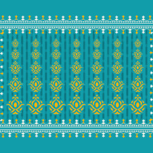 Turquoise textile design with yellow ethnic motifs, floral white-yellow border, and traditional festive pattern.