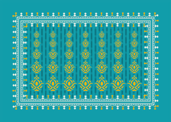 Turquoise textile design with yellow ethnic motifs, floral white-yellow border, and traditional festive pattern.