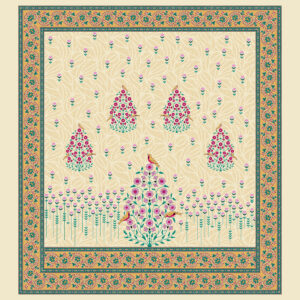 Beige textile design with pink floral tree, golden birds, and colorful floral border.