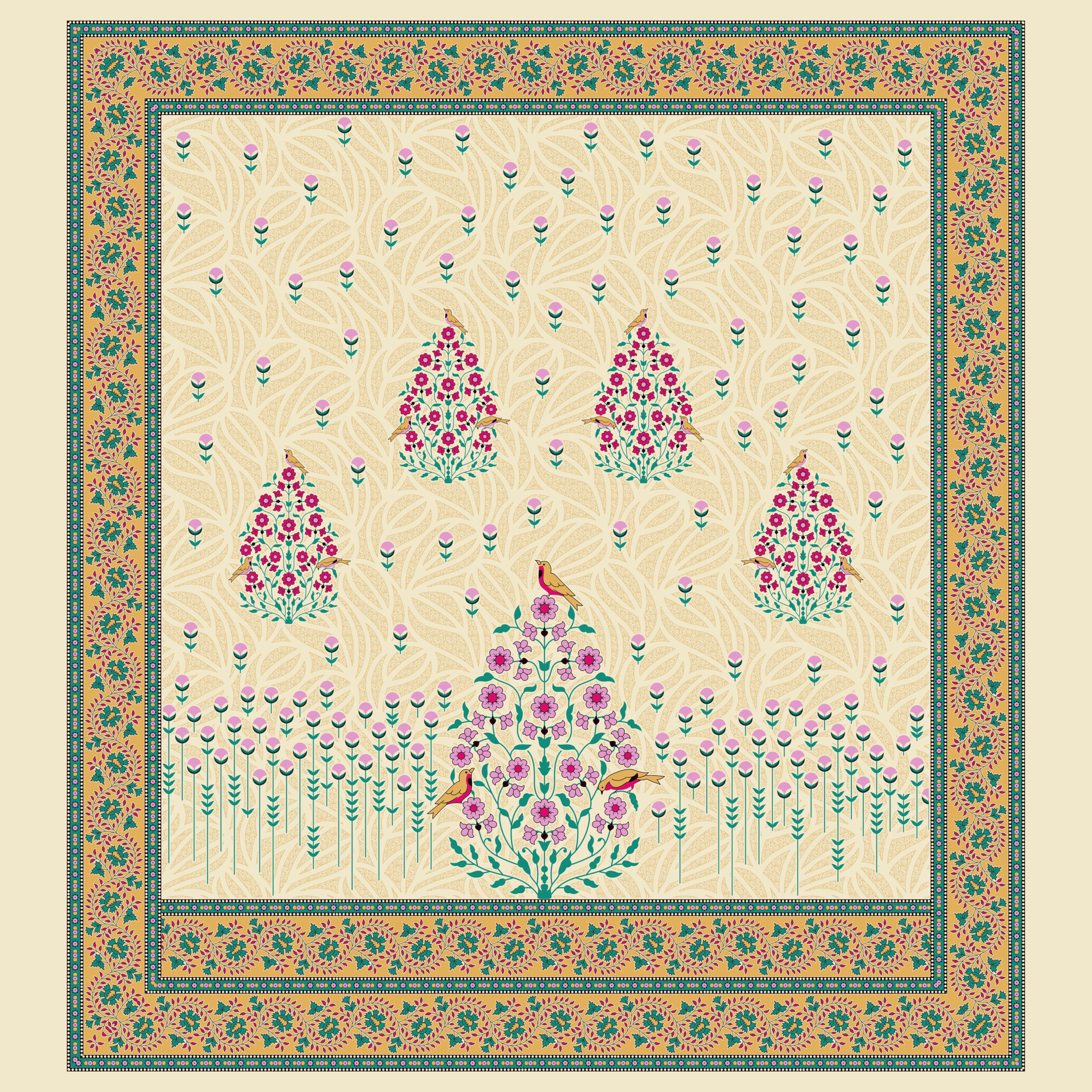 Beige textile design with pink floral tree, golden birds, and colorful floral border.