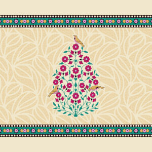Beige textile design with pink floral tree, golden birds, and colorful floral border.