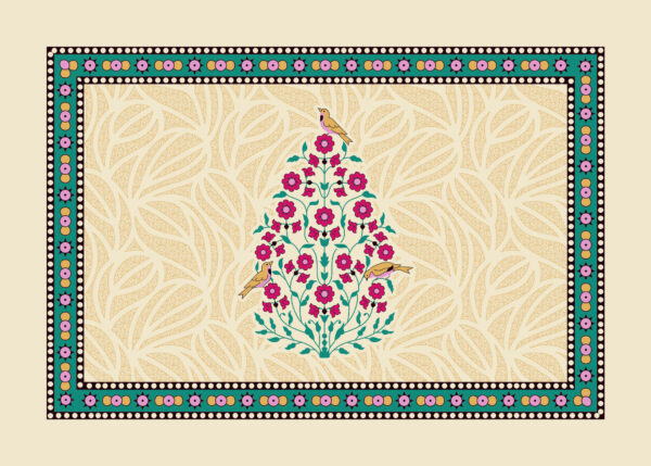 Beige textile design with pink floral tree, golden birds, and colorful floral border.