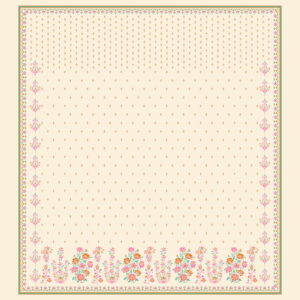 Beige block-print inspired textile with central floral bouquet and floral border.