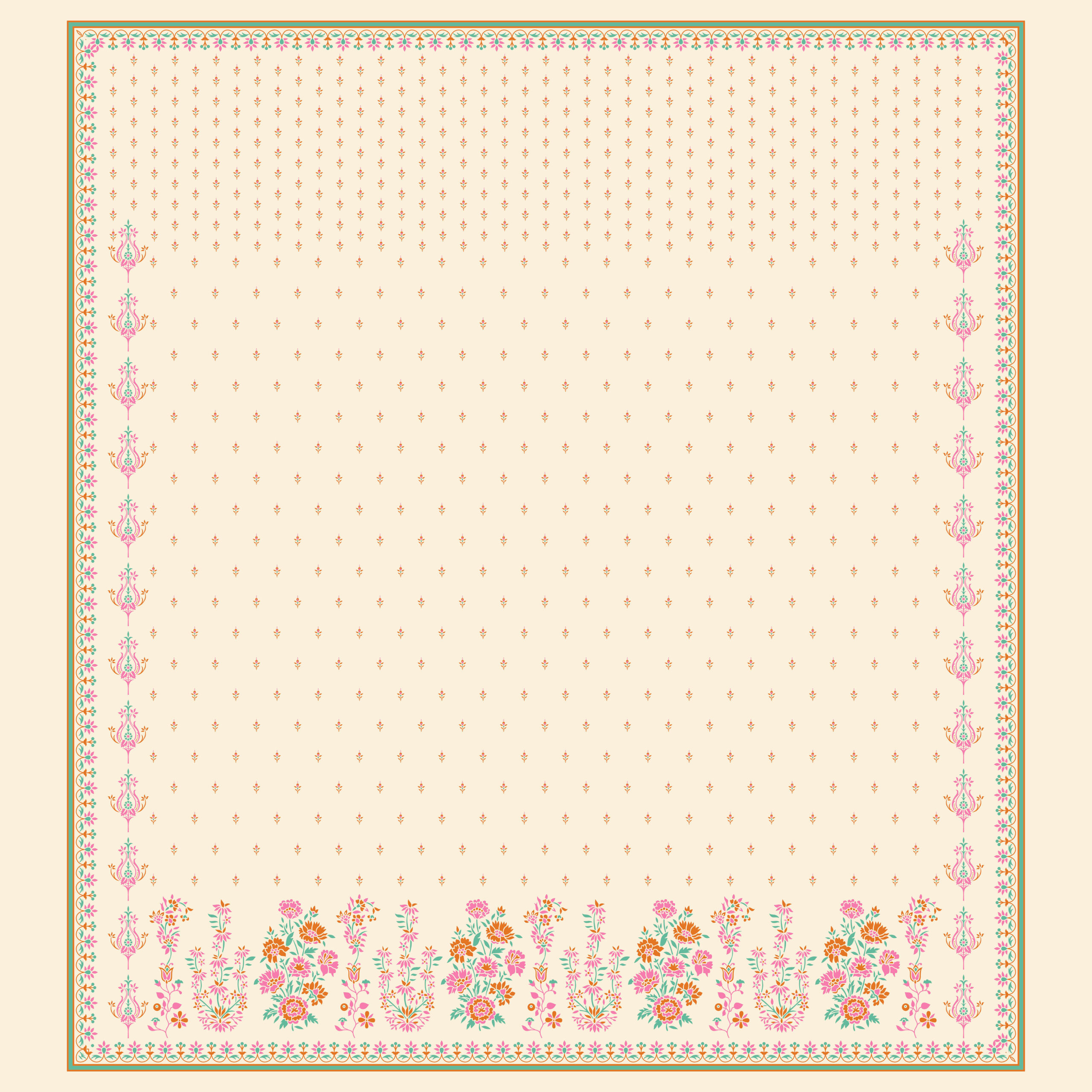 Beige block-print inspired textile with central floral bouquet and floral border.