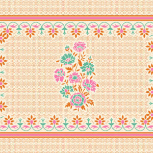Beige block-print inspired textile with central floral bouquet and floral border.